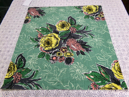 Vintage Green Floral Barkcloth Fabric Panel, Tonal Rose Shadow Leaf Design 21"x20.5"