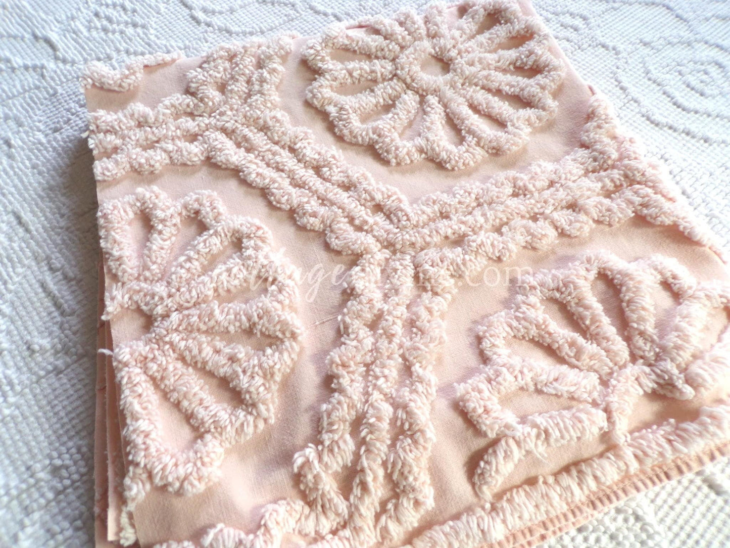 Romantic Daisy Iced Peach Vintage Chenille Quilt Fabric Piece, 31.5" x 22" inches