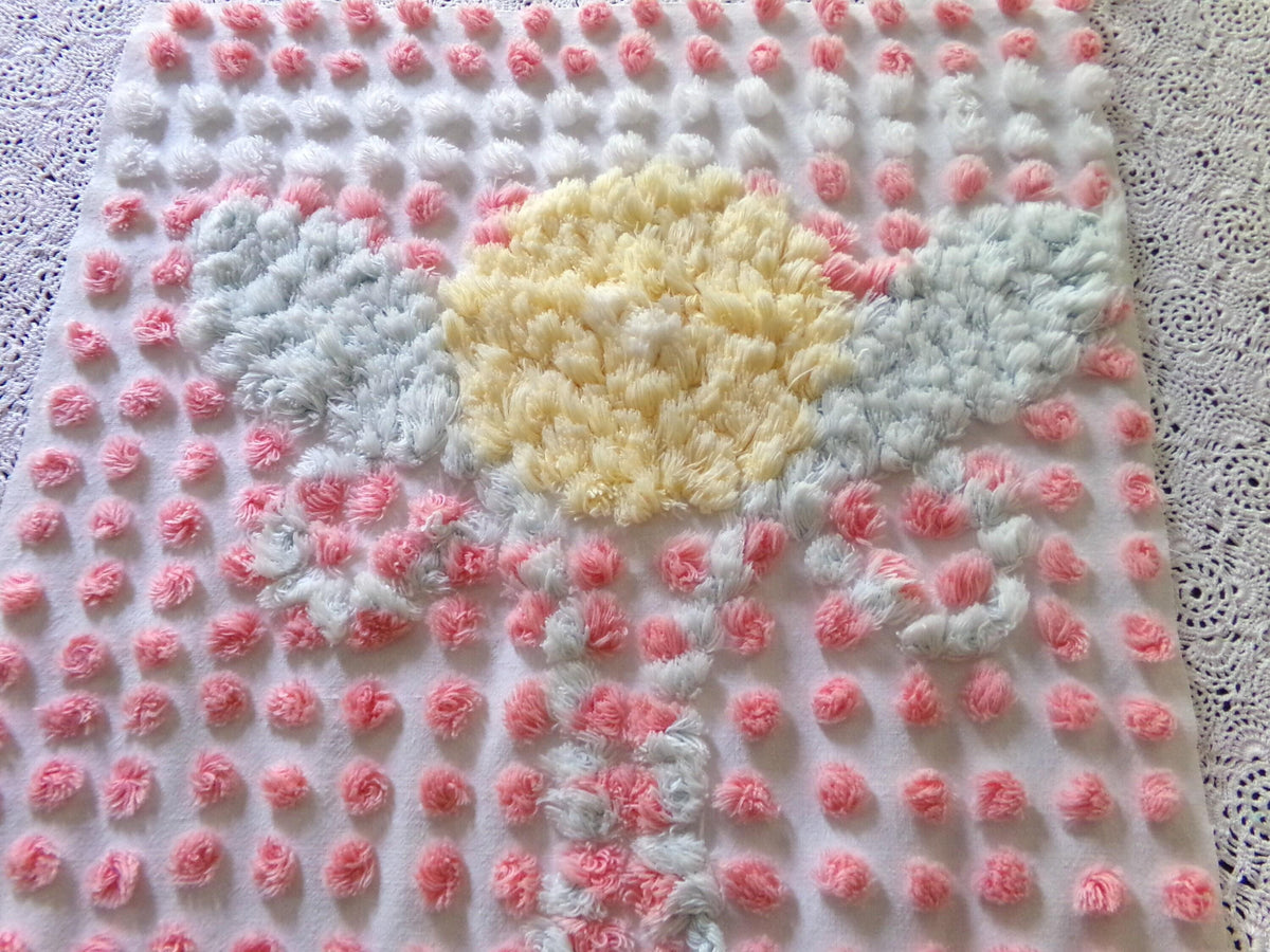 Pink Pops Vintage Chenille Fabric, Floral Antique 15x28" Craft Panel