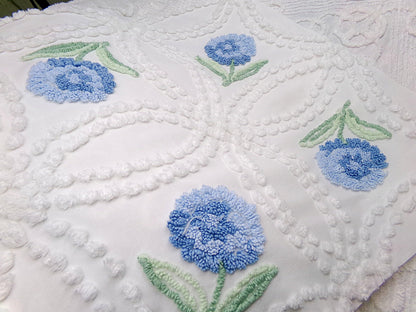 Plush Blue Mum Vintage Chenille Fabric, Tufted Floral on White Cotton 23" x 23" Piece of Sewing Material