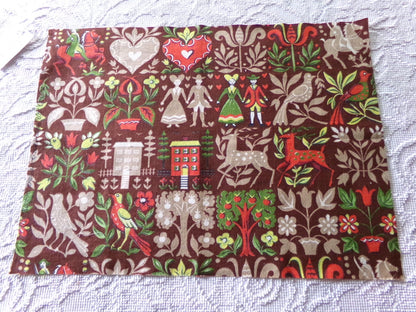 vintage barkcloth fabric in dutch country colonial style shadow print with people, hearts, birds, apple trees, houses, 16" x 22" inch piece