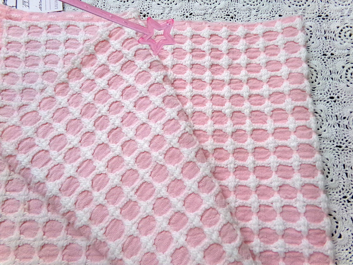 Carnation Pink White Vintage Woven Chenille Fabric Lady Galt Honeycomb Crosses 22x24"