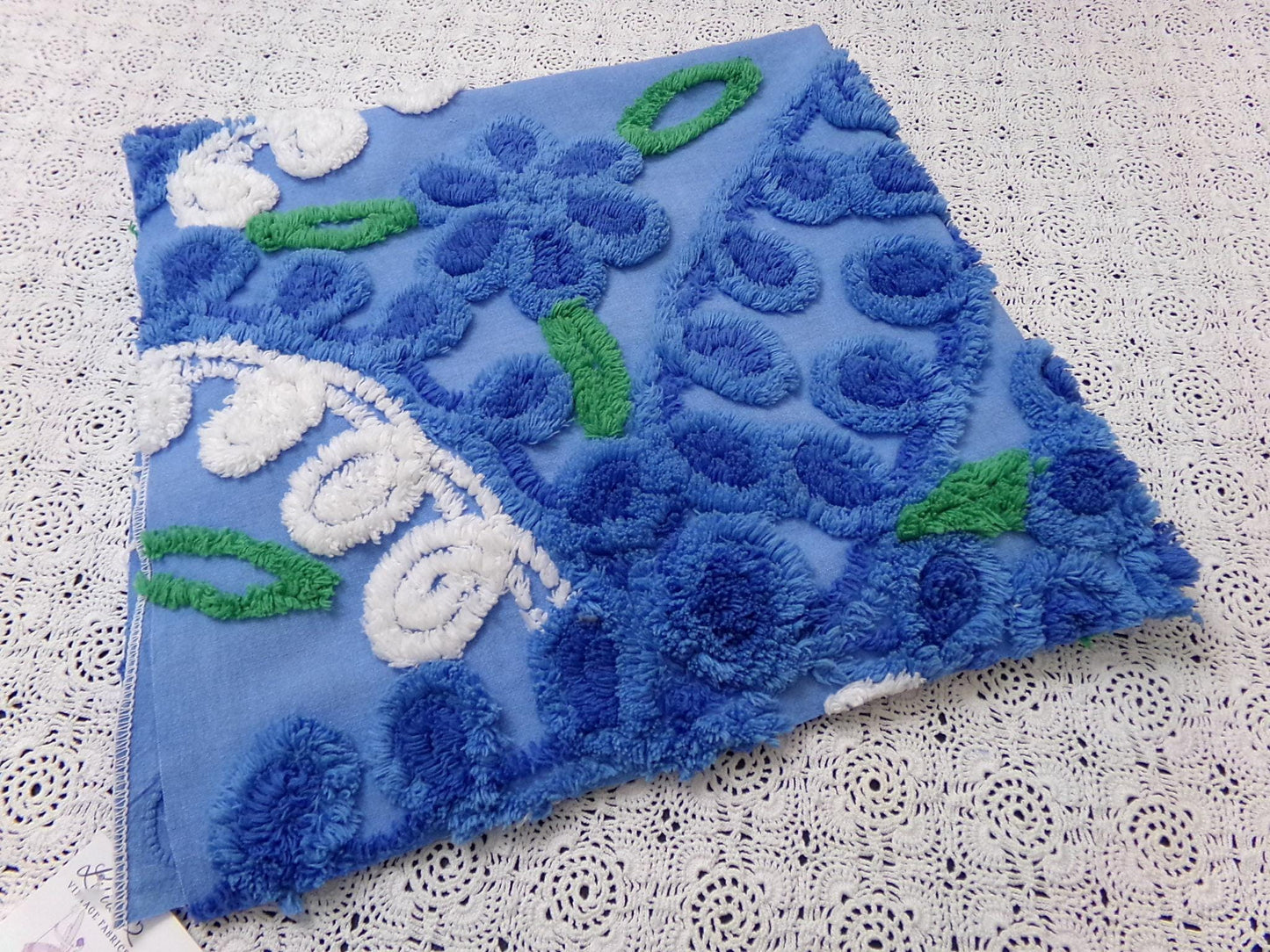 Vintage Midnight Blue Chenille Bedspread Fabric Abstract Celestial Florals 24x25"