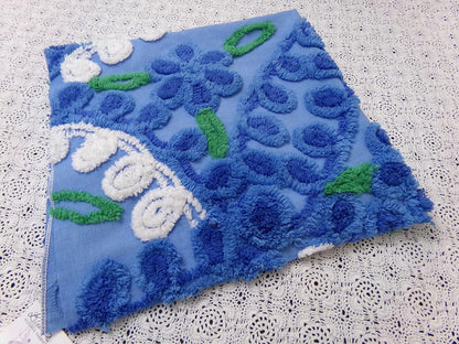 Vintage Midnight Blue Chenille Bedspread Fabric Abstract Celestial Florals 24x25"