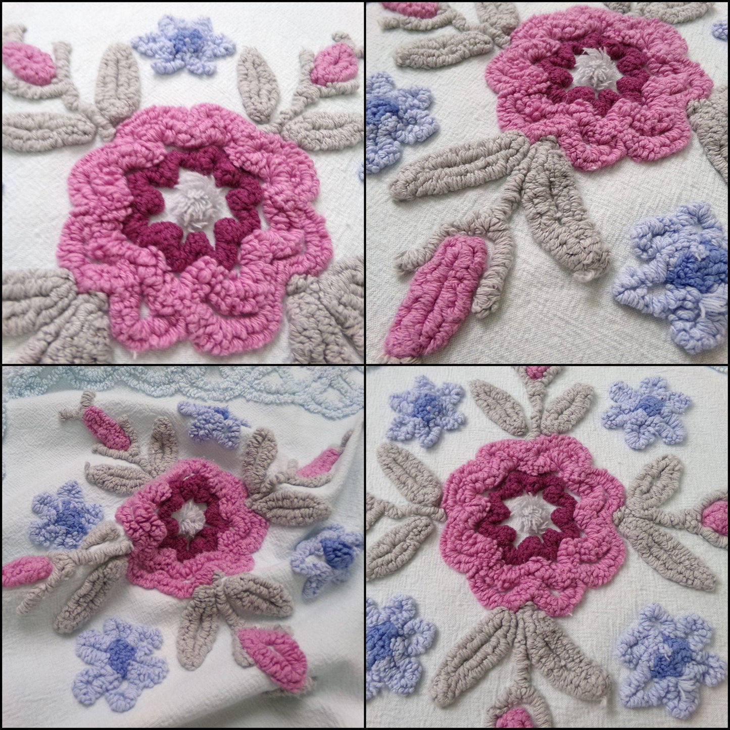 Ice Blue Vintage Chenille Fabric Double Tufted Rose Medallion Floral Lattice 23x36"