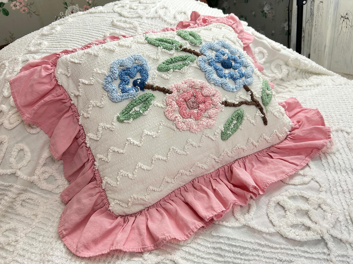 Cottage Ruffled Vintage Chenille Pillow Cover Reversible Floral Rectangle Shape