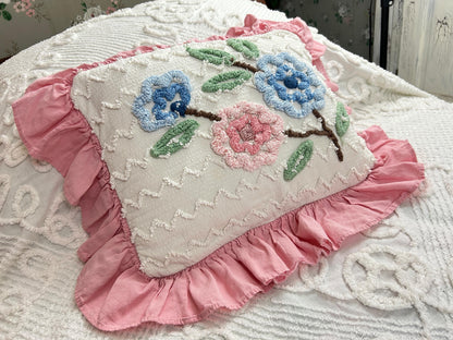 Cottage Ruffled Vintage Chenille Pillow Cover Reversible Floral Rectangle Shape