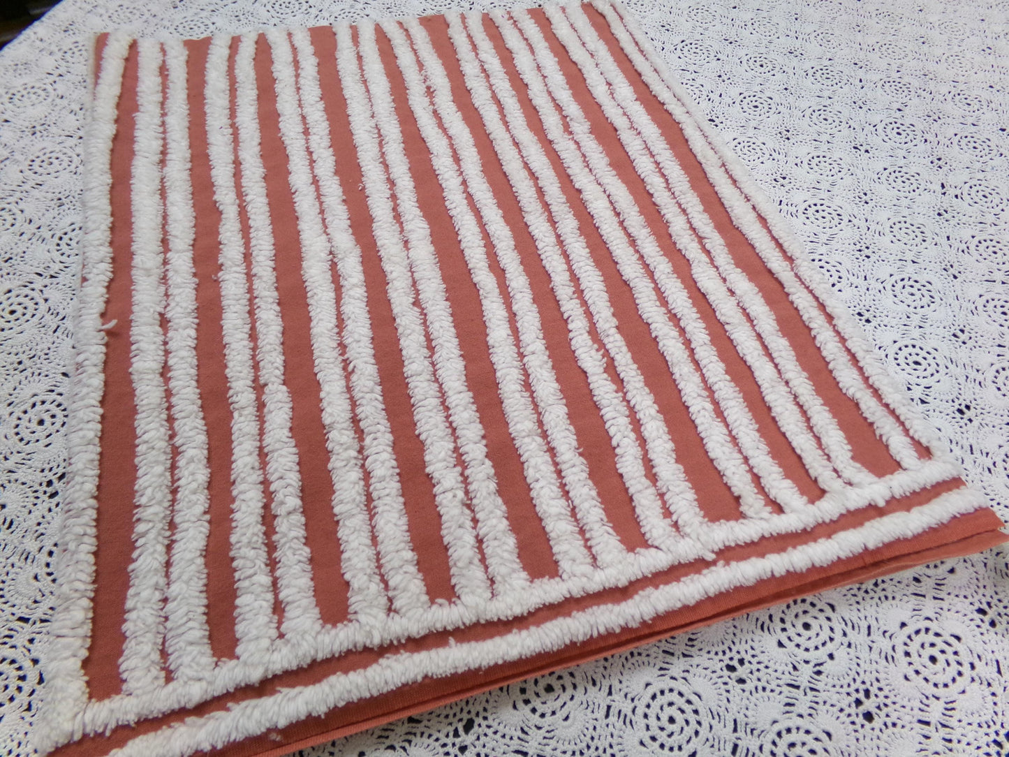 White Stripe Vintage Chenille Bedspread Fabric Terracotta Clay 16.5 x 27" Piece
