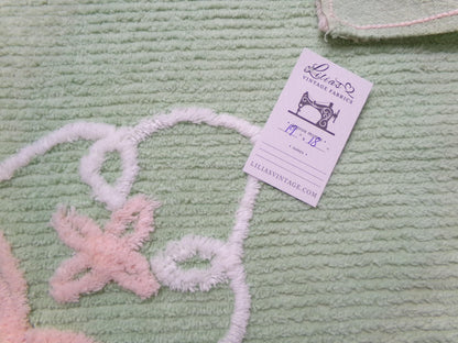 Peaceful Mint Green Vintage Chenille Fabric Pink Bow Star Lily, 19" x 18"