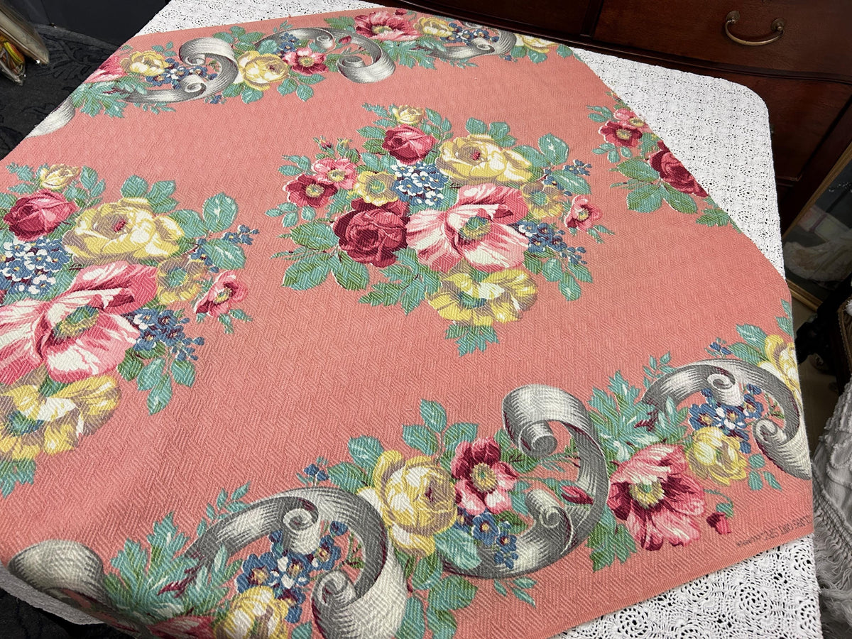 Cabbage Rose Vintage Barkcloth Fabric, Mauve Pink 28x33" Quilt & Craft Panel