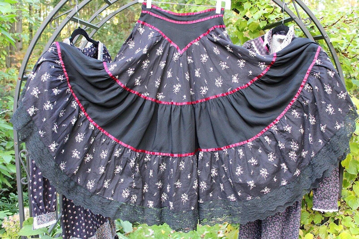 Dark Cottagecore Vtg Clothing Lot: 2 Prairie Dress, 1 Gunne Sax Boho Black Skirt