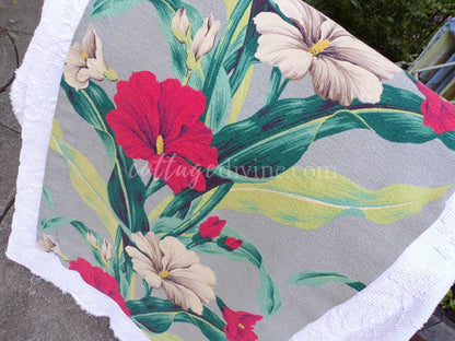 Tropical Vintage Barkcloth Fabric Piece, Salvaged MCM Exotic Botanical Island Hibiscus Print, 19" x 28" cut piece for fiber arts, sewing