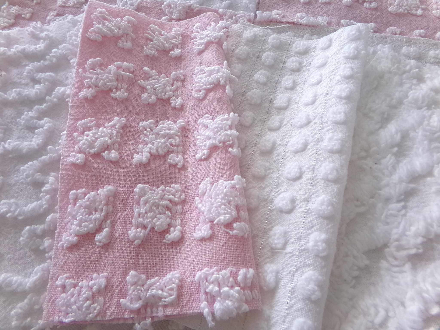 angel feathers chenille fabric squares, pink & white rosebud, lattice, dots, squiggles, vintage square set of 16 quilt blocks, 6" x 6" inch