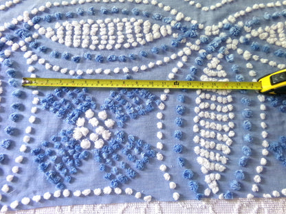 Shabby Beach Chic Vintage Chenille Fabric, Handmade Candlewick Blue & White Bow Design, 18" x 36" cut piece of cotton sewing material