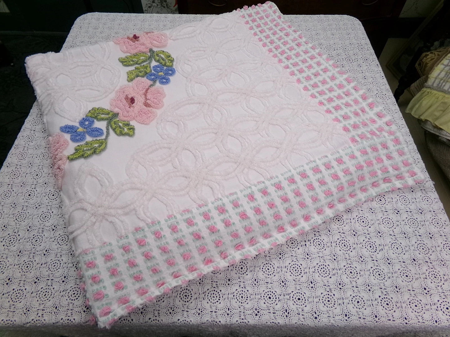 Vintage Floral Quilt Handmade from Shabby Chenille Bedspread Fabrics 52x45.5"