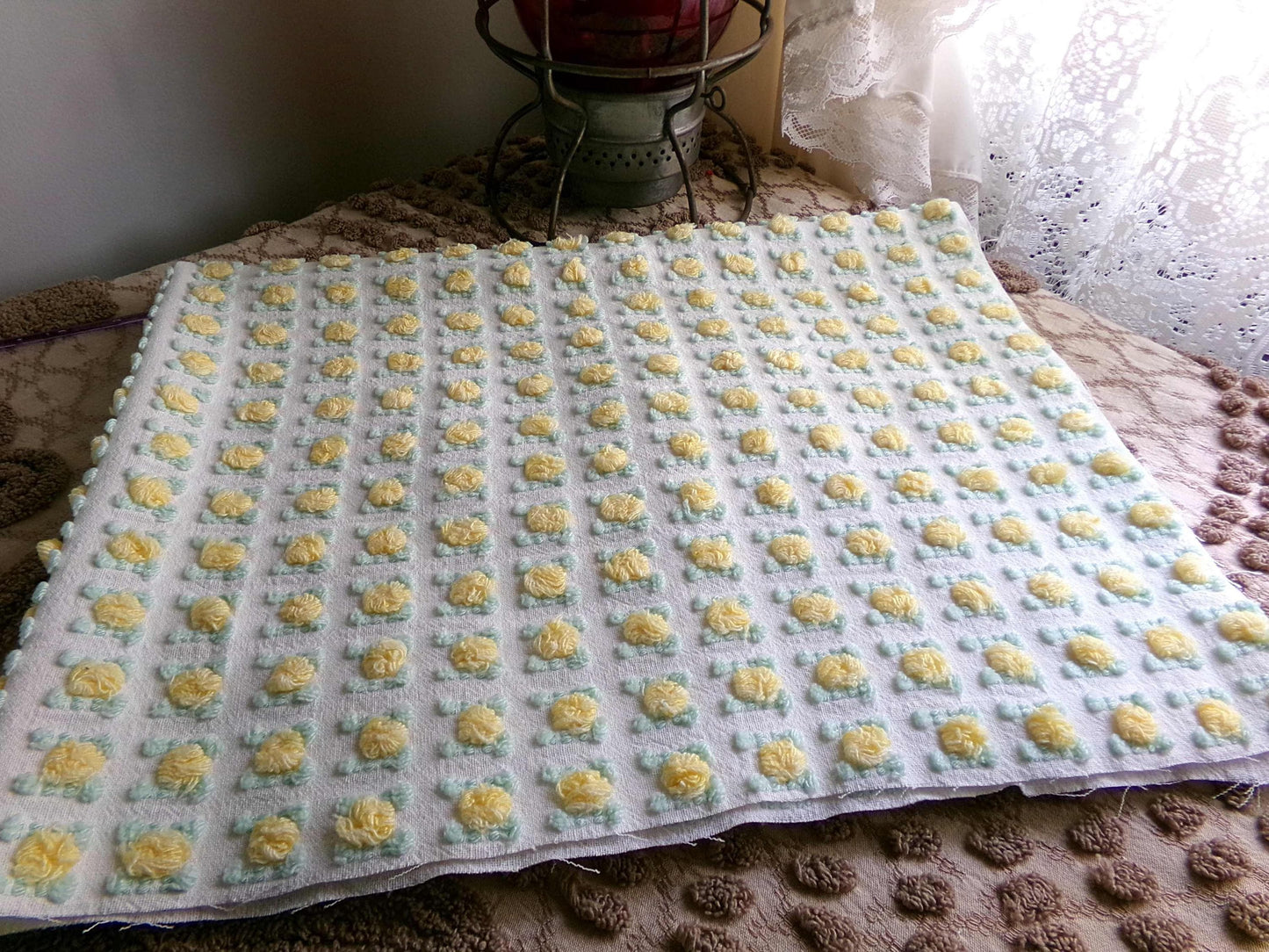 yellow rosebud vintage chenille fabric, lemon tufted rose sewing quilt material 18x24"