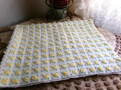 yellow rosebud vintage chenille fabric, lemon tufted rose sewing quilt material 18x24"