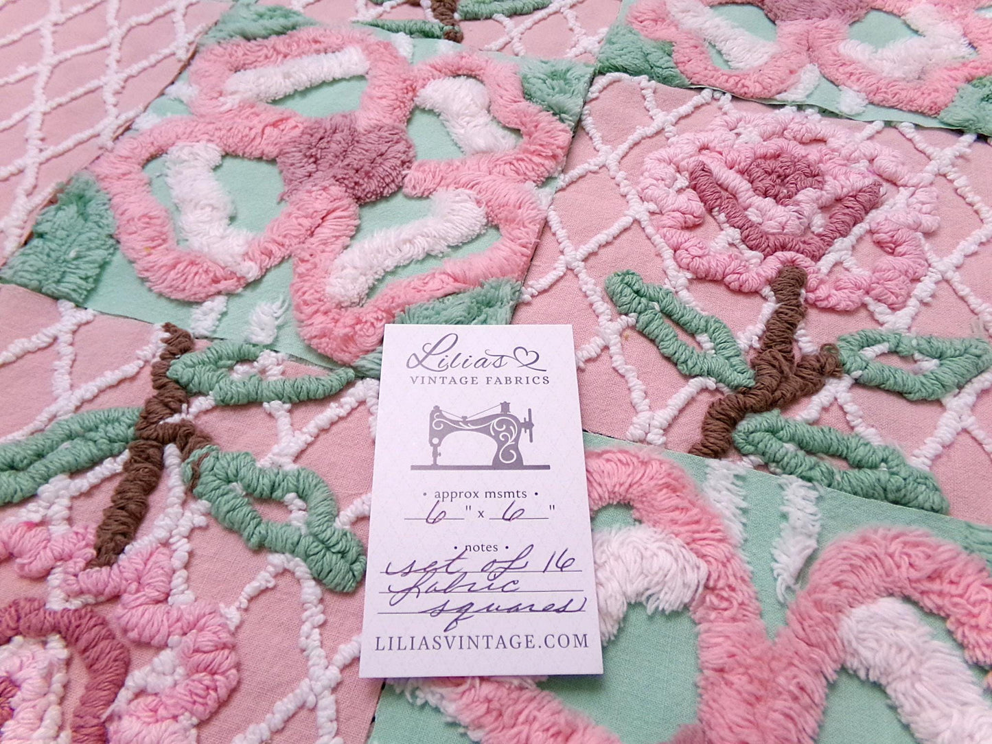 fresh cut roses vintage chenille fabric squares, set of 16 pink green quilt blocks 6" ea