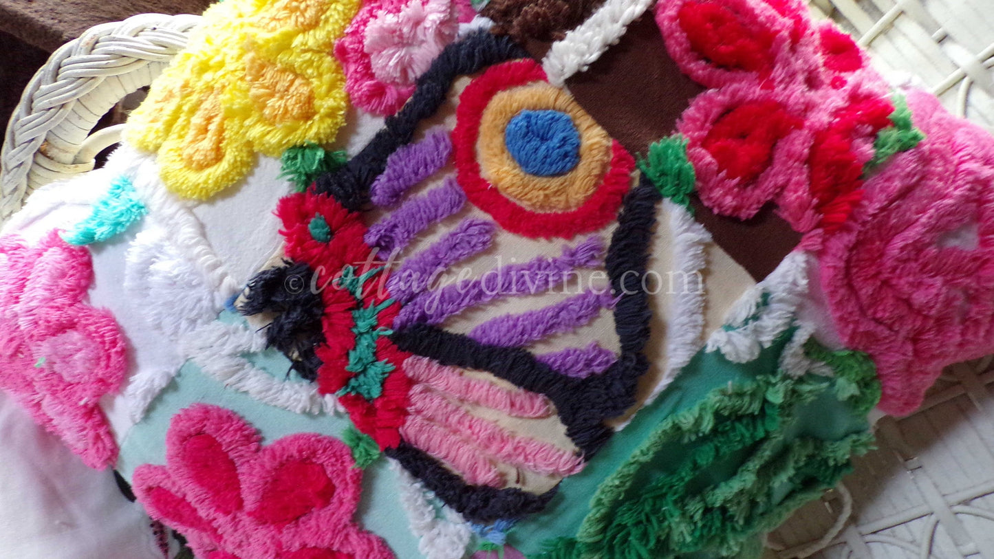 PATCHWORK Rainbow Butterfly Chenille Pillow Cover 16" x 16" Square, REVERSIBLE Accent Pillow Designed from Vintage Chenille Bedspread Fabric