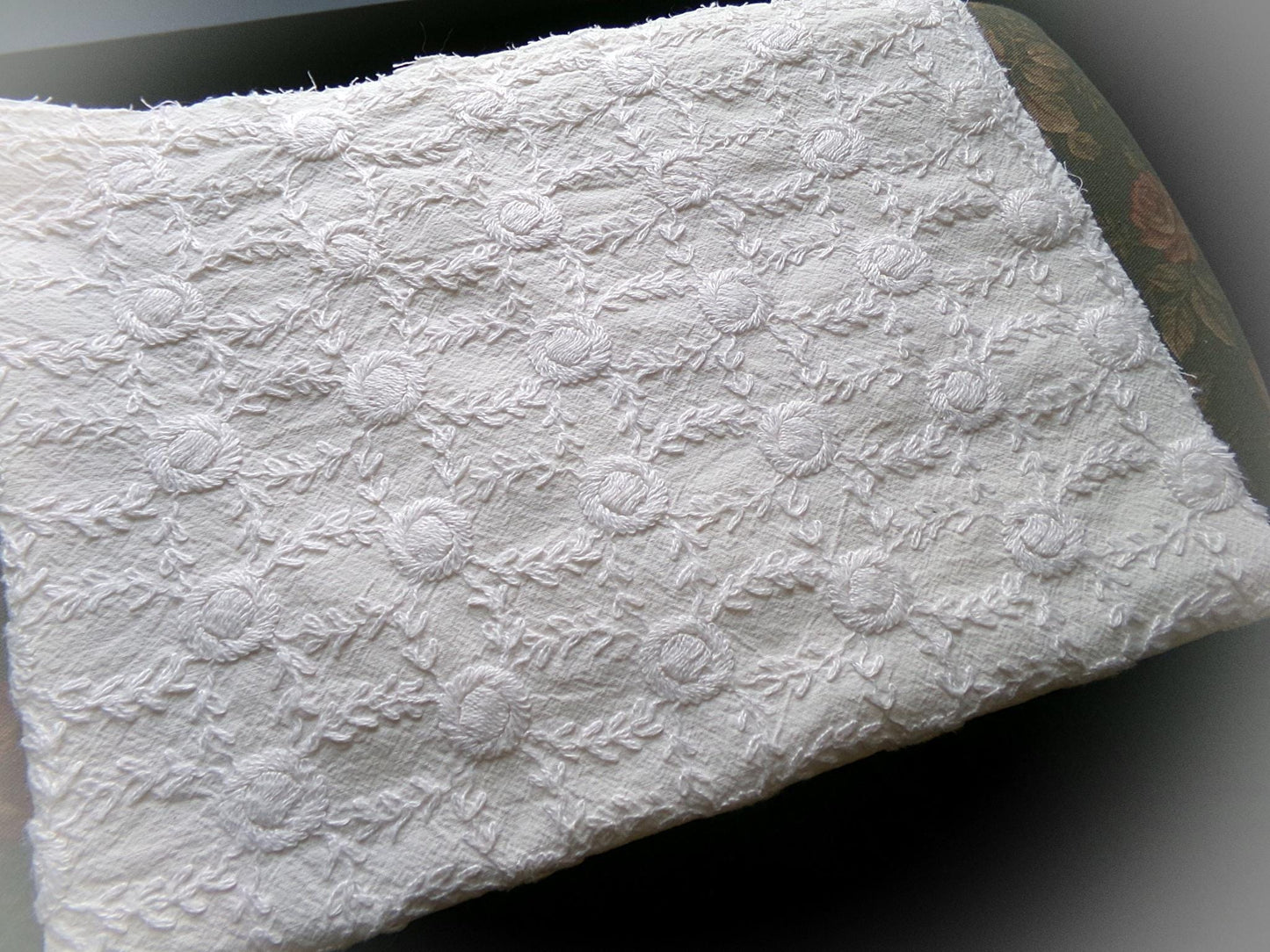 Ivory Embroidered Vintage Fabric Piece 20x24" Candlewick Style Lattice Daisy Medallions