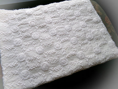 Ivory Embroidered Vintage Fabric Piece 20x24" Candlewick Style Lattice Daisy Medallions