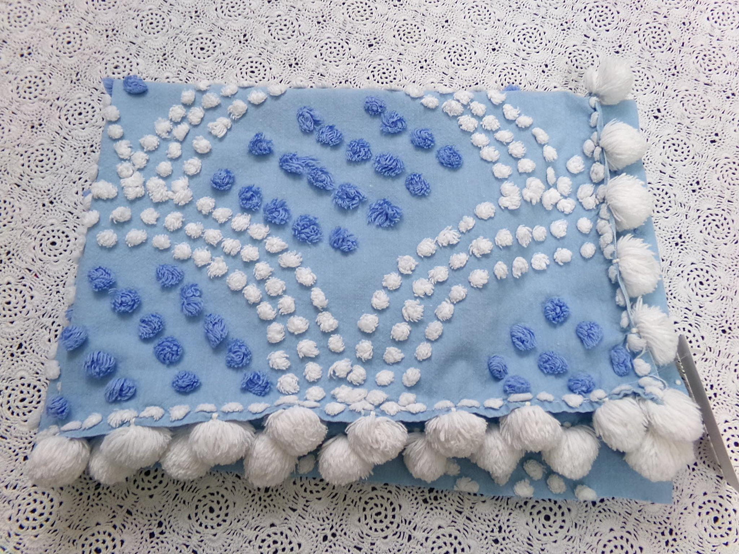 Mermaid Tails Vintage Chenille Bedspread Fabric Blue & White Piece 19x27"
