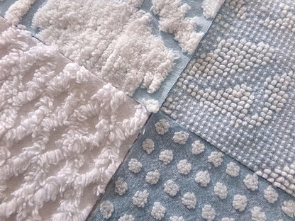 coastal chill chenille fabric squares, cool blue & white dot, diamond geometric patterns, set of 16 vintage quilt blocks 6" each for sewing