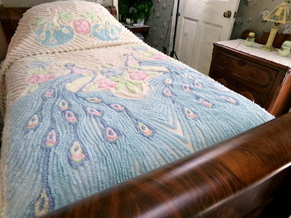 Pastel Peacock Vintage Chenille Bedspread, Boho Creamy Cotton Full Size