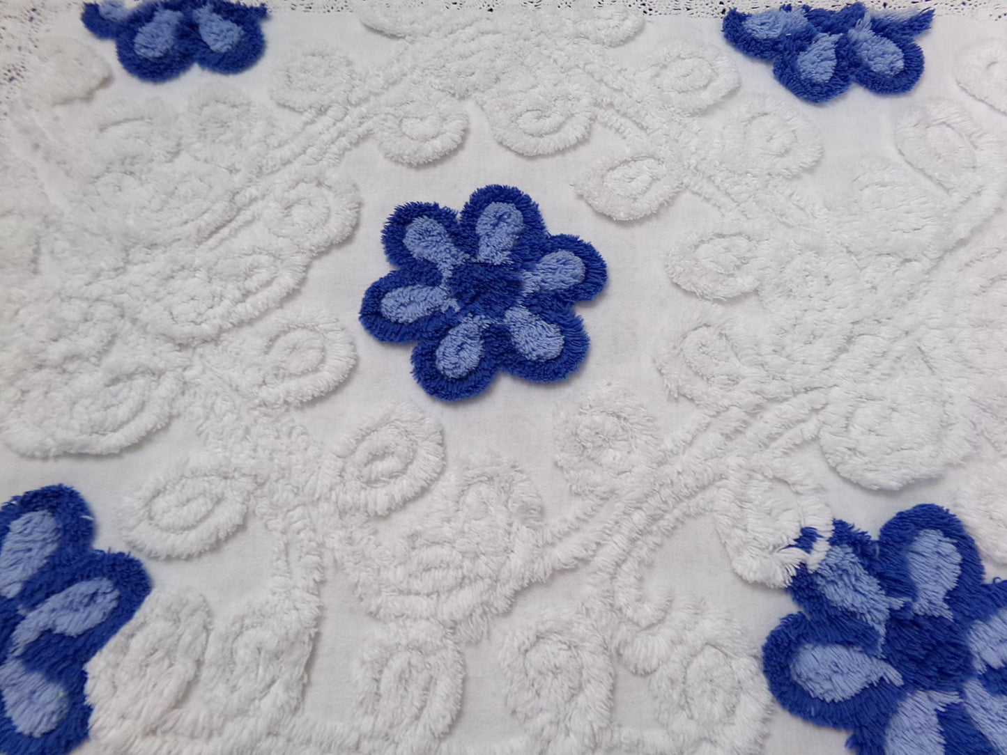 Vintage Chenille Fabric Piece, Blue White Floral Coastal Chic Quilting Material 14x25"