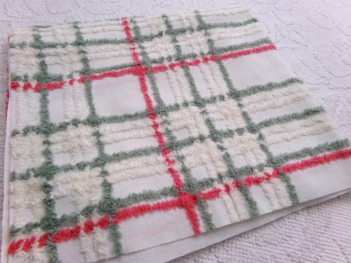 Vintage Chenille Fabric, Rustic Christmas Plaid in Muted Red, Green & Cream, Nice for Shabby Chic Holiday Quilts, 22" x 25" Cut Piece