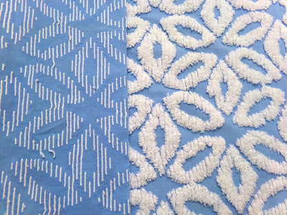 boho blue daisy vintage chenille bedspread fabric, white tufted daisies, 18" x 23"