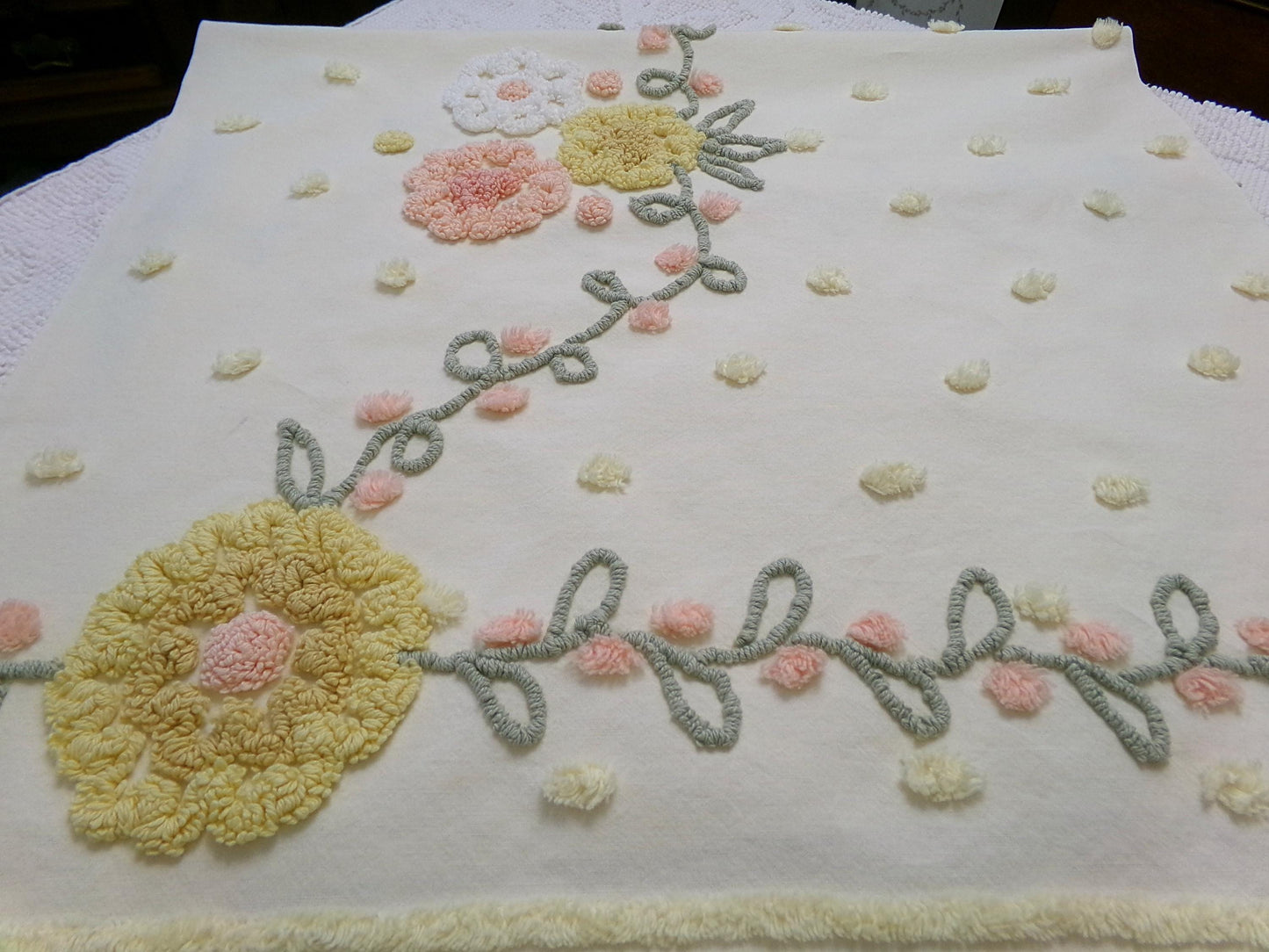 cottage floral vintage chenille fabric, buttercup yellow quilt sewing material, large 19" x 40" piece