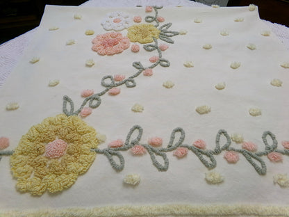 cottage floral vintage chenille fabric, buttercup yellow quilt sewing material, large 19" x 40" piece
