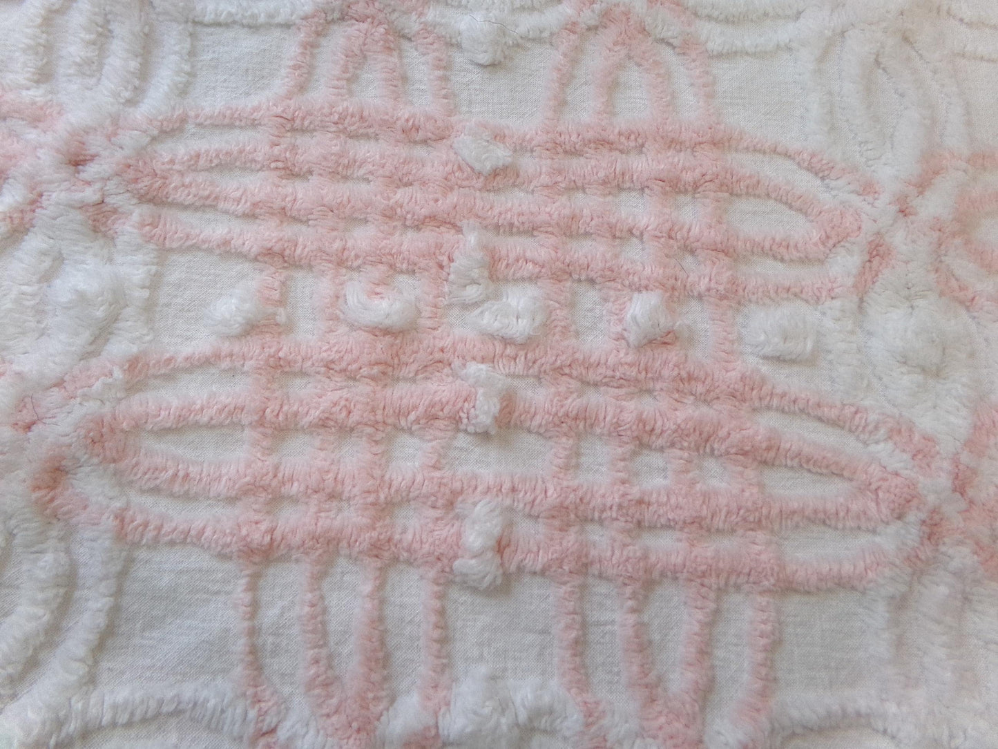 Pink & White Vintage Chenille Fabric, geometric craft quilt material, 27" x 19"