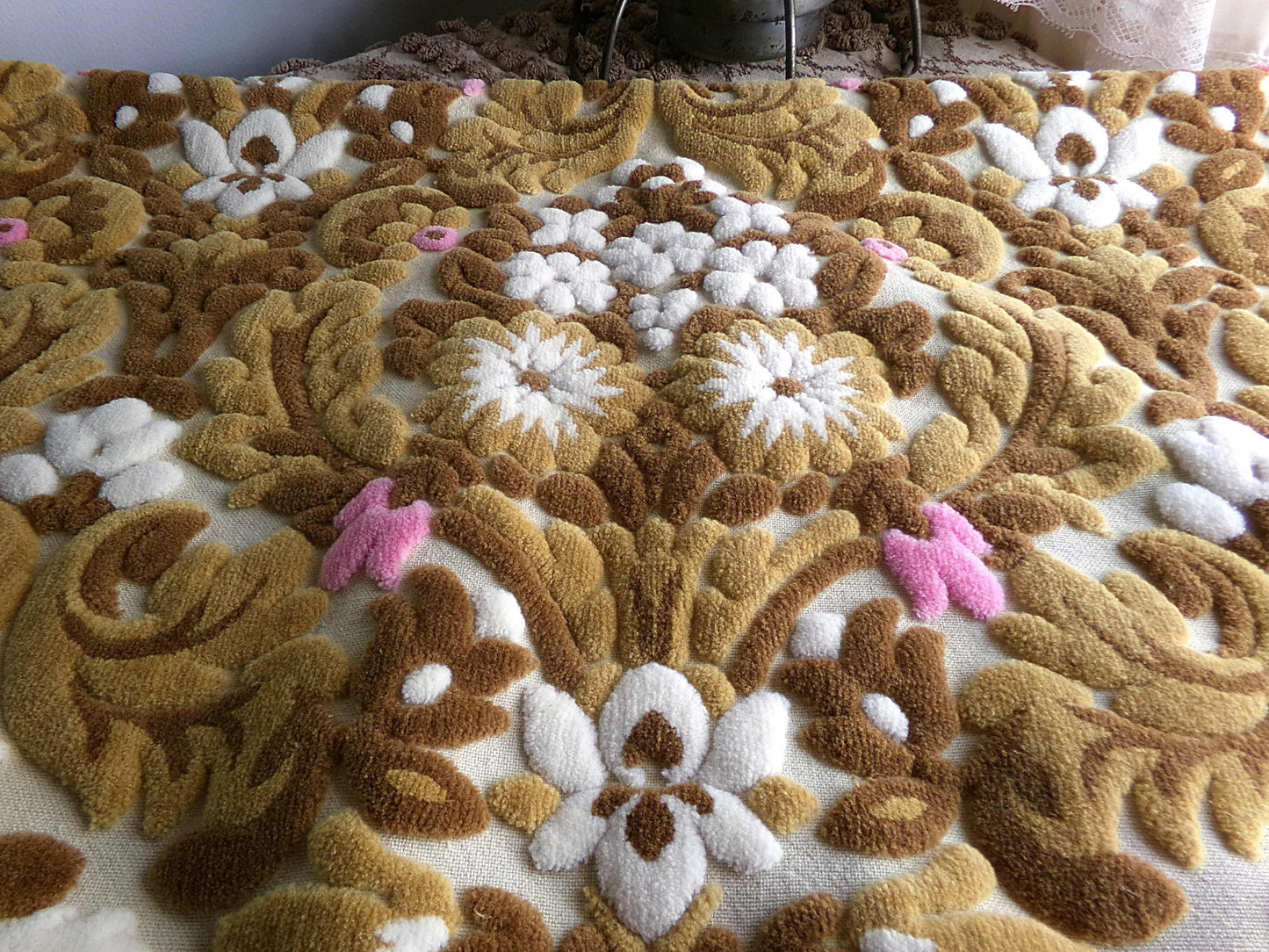 vintage cut velvet fabric, chocolate caramel Bates tapestry chenille, 12" x 21" inch piece, great sewing material for small bags