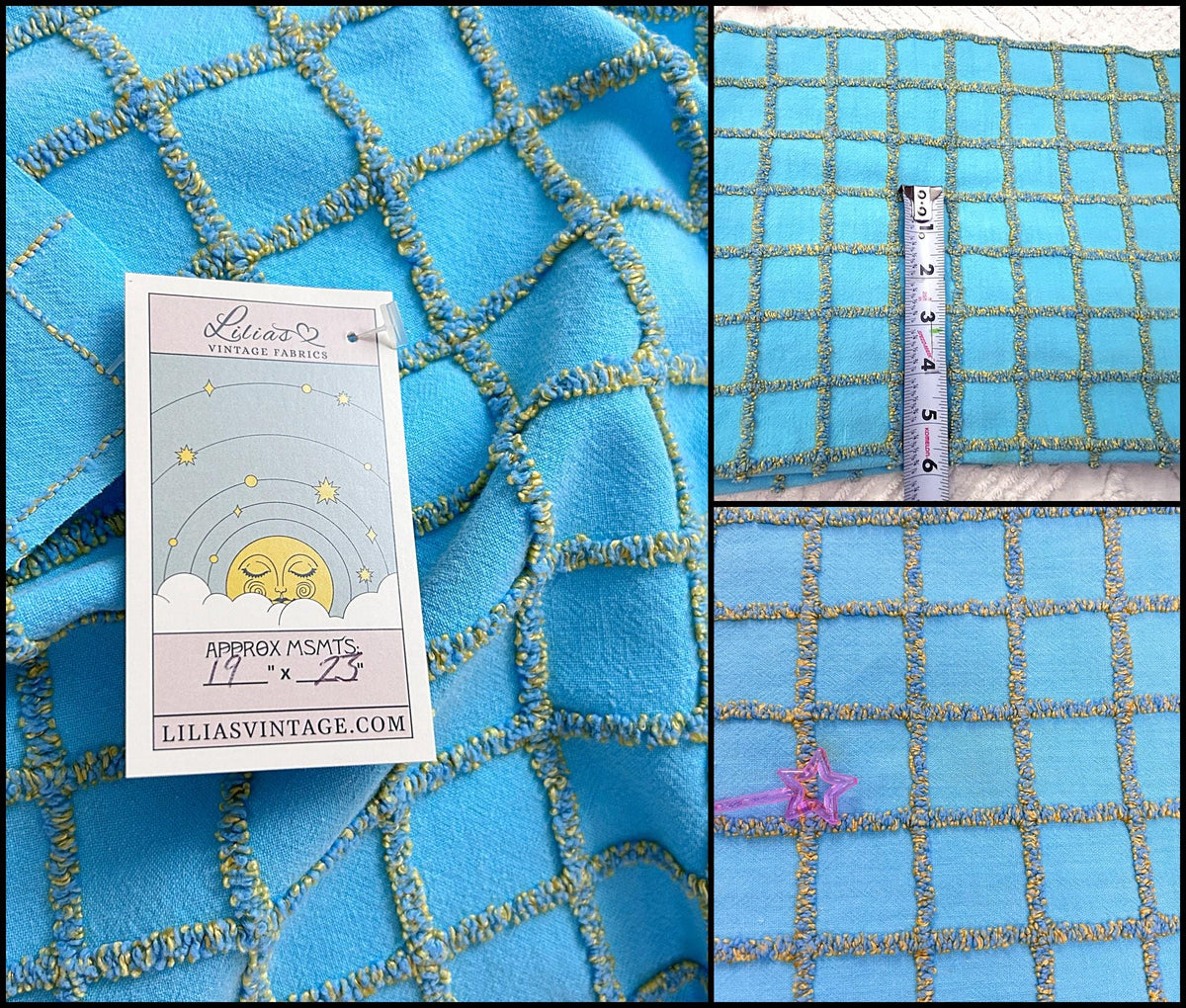 Sporty Squares Vintage Chenille Bedspread Fabric, Aqua Gold Windowpane Grid 19x23"