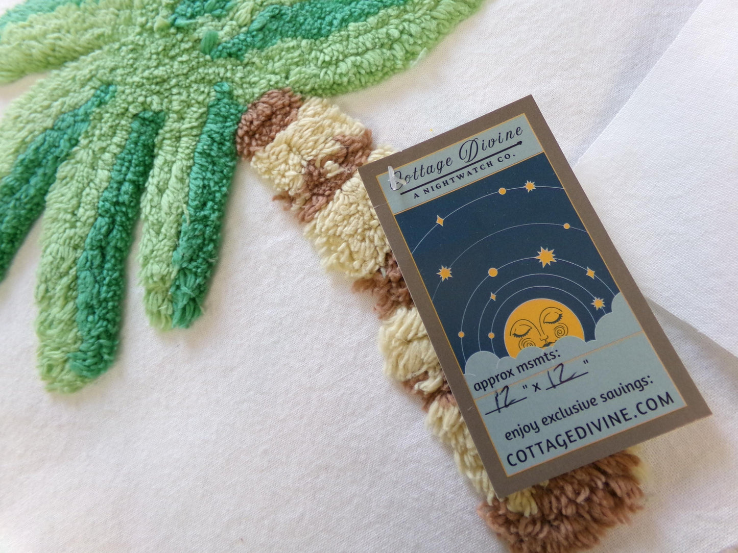 palm tree chenille fabric square, vintage tropical Florida fun novelty sewing material for pillow & quilt designs, 12" inch block