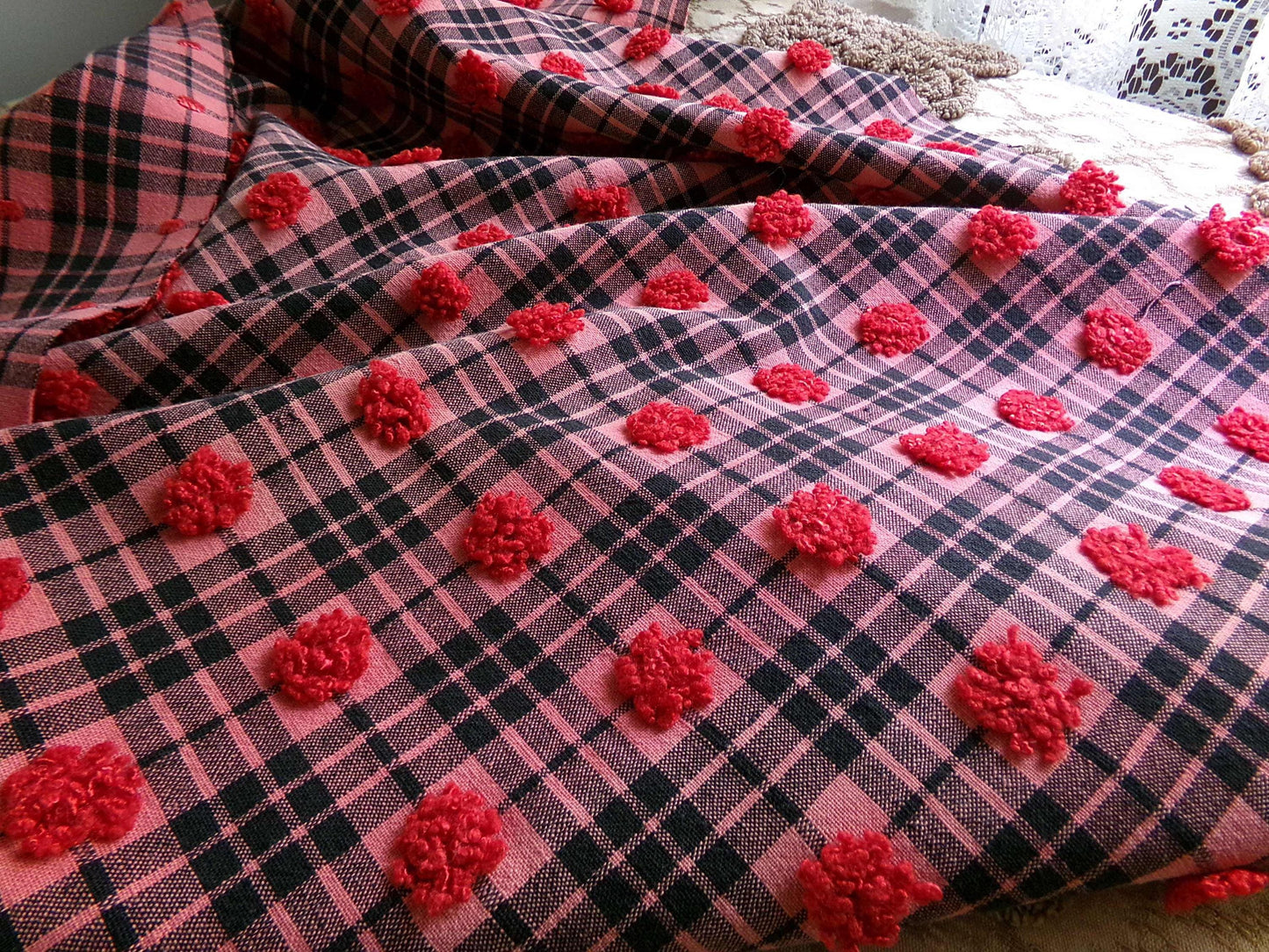 Black Tartan Plaid Vintage Chenille Bedspread Fabric, Texturized Red Dots, 19" x 26" inch Piece, Lightweight Sewing Material