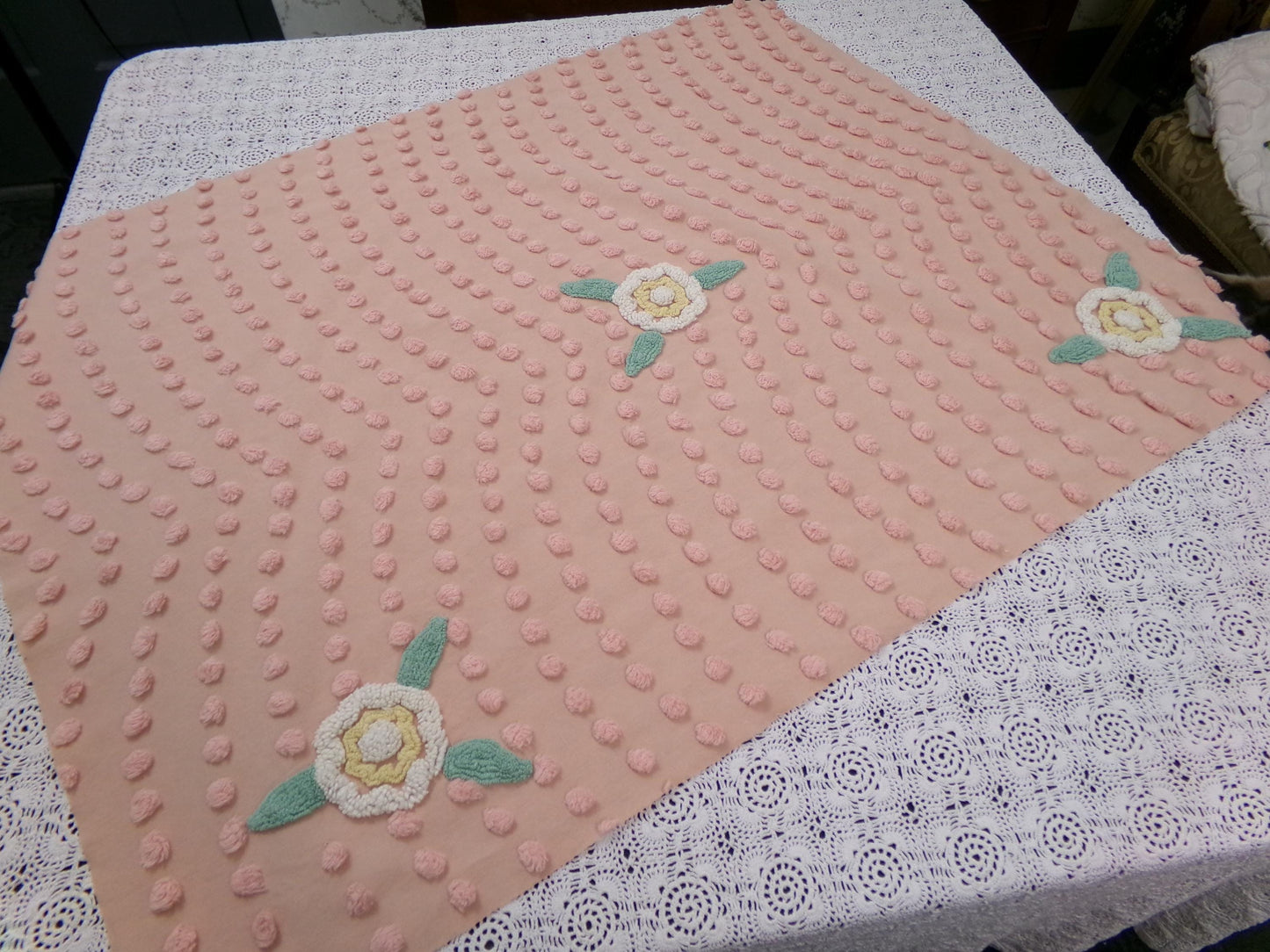 Vintage Cotton Chenille Fabric Peach Dot Floral Accents 23 x 30" Shabby Chic