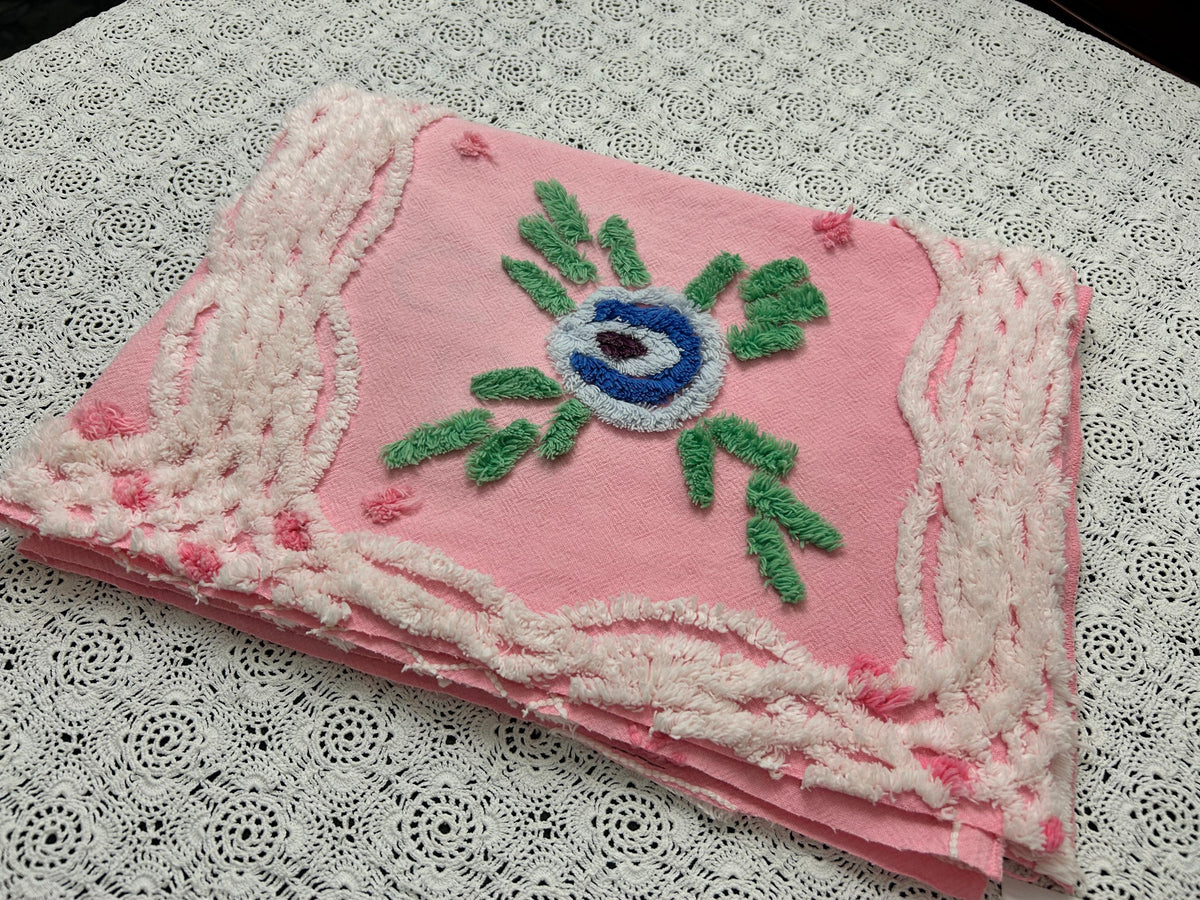 Vintage Pink Floral Chenille Fabric, Cottage Style 20x30" Quilting Sewing Textile
