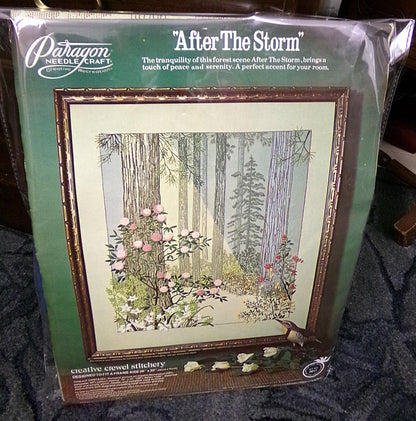 AFTER THE STORM Vintage Crewel Embroidery Kit Paragon Needlecraft #0611 ~ Hippie 70s Natural Woodland Wall Hanging, Georgia Ball Design