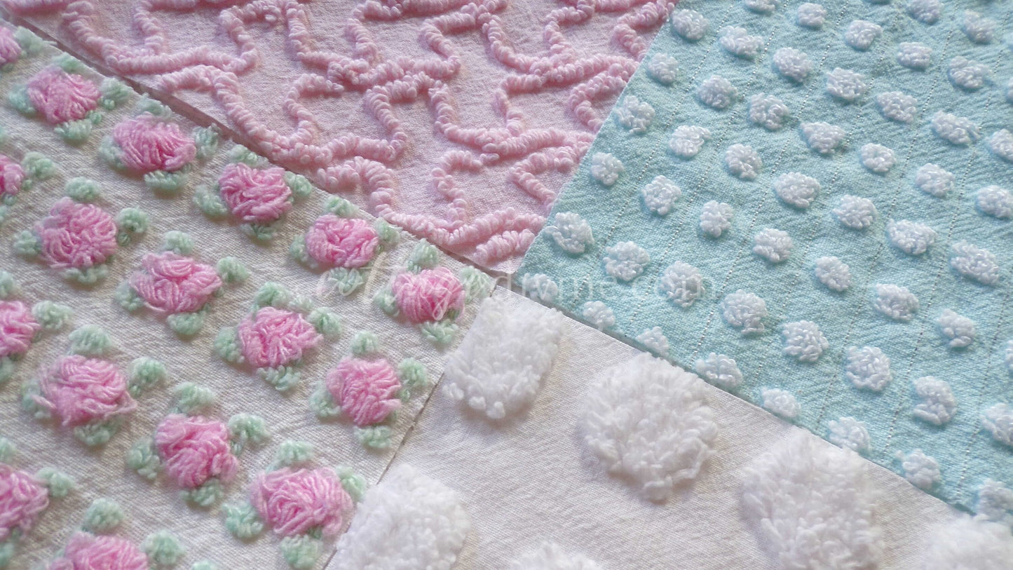 Classic Cottage Chic Chenille Fabric Squares, Set of 16 Vintage 6" Quilt Blocks, Pretty Pink Rosebud, Aqua & White