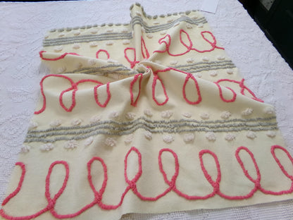 doodle dots vintage chenille bedspread fabric, yellow & red quilt sewing material, 23" x 21" piece