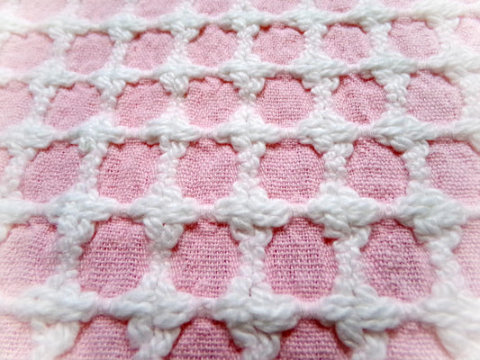 Carnation Pink White Vintage Woven Chenille Fabric Lady Galt Honeycomb Cross 22x24"