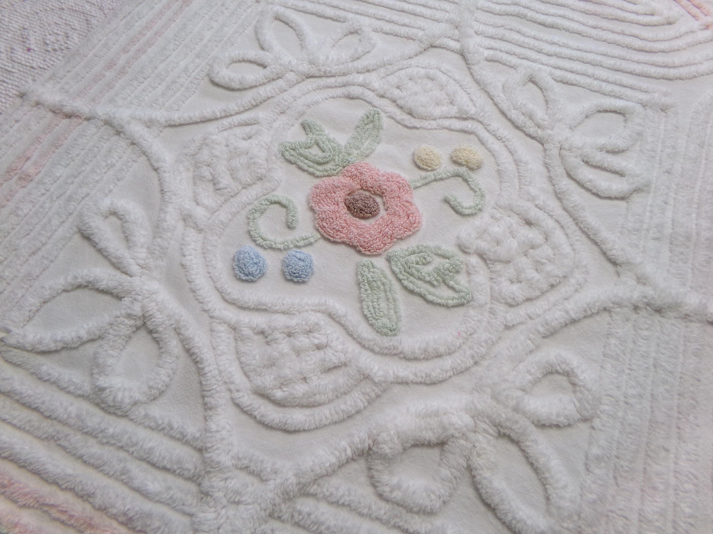 cottage style vintage chenille fabric, dimensional floral design 24" x 21" inch piece craft & sewing material