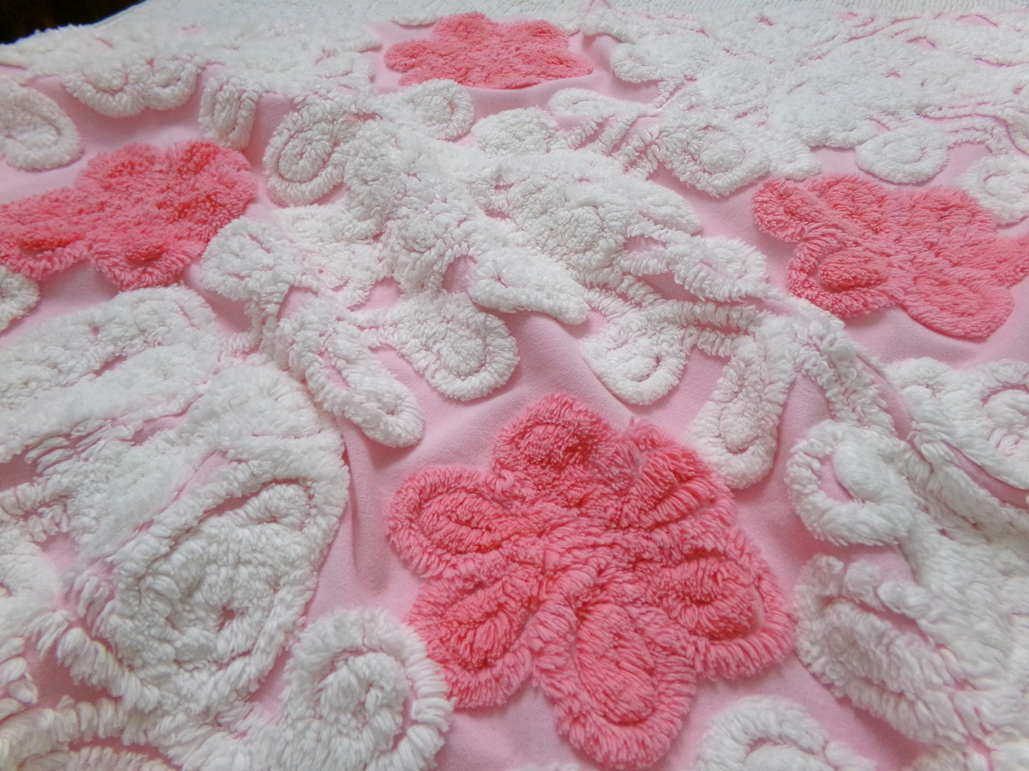 Strawberry Pink Vintage Chenille Fabric Whimsical Floral Sewing Material 21" x 21"