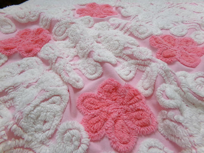 Strawberry Pink Vintage Chenille Fabric Whimsical Floral Quilt Material 21x21"