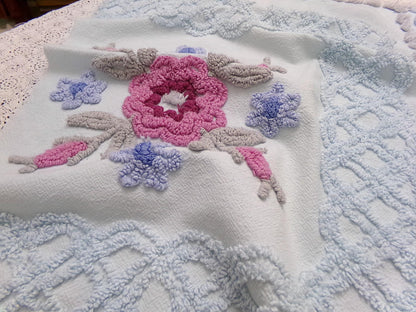 Shabby Blue Floral Vintage Chenille Bedspread Fabric, 23x23" Piece