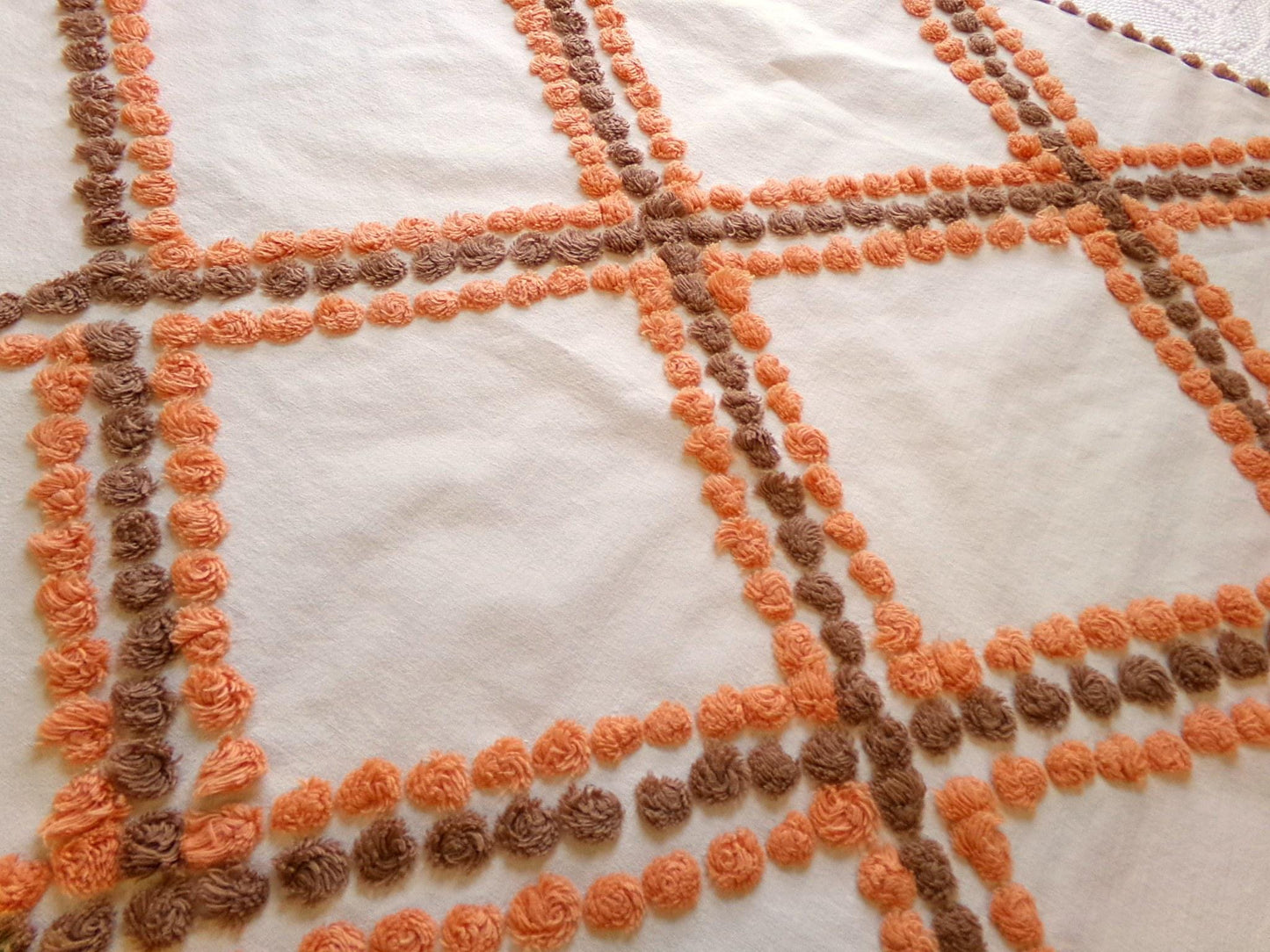 Vintage Boho Style Chenille Fabric, 27" x 24" Cut Piece of Cotton Sewing Material, Pumpkin Spice & Nutmeg Wideset Lattice Design