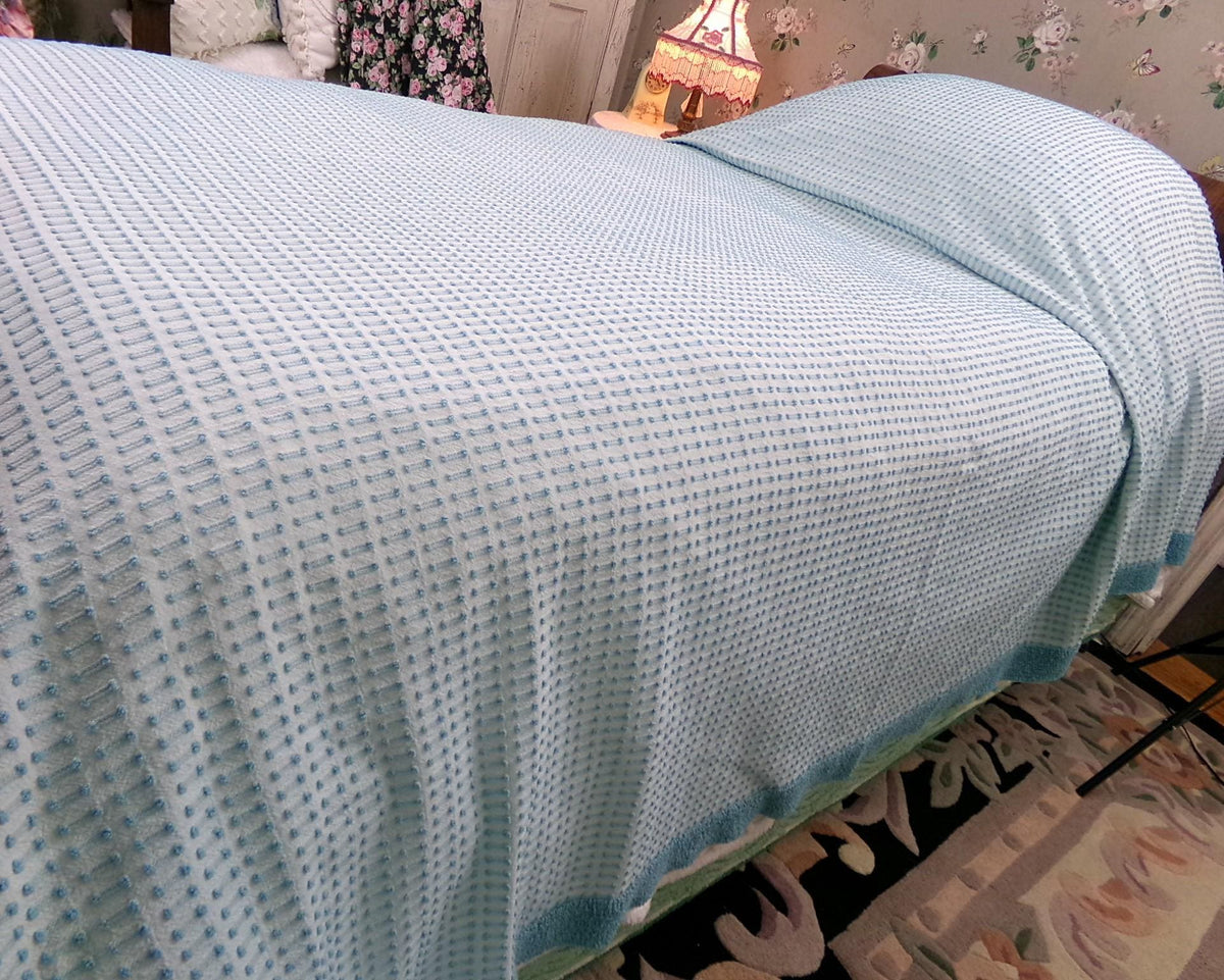 Powder Blue Vintage Chenille Bedspread, Texturized Barbells & Shag Edge Morgan Jones Full Sz
